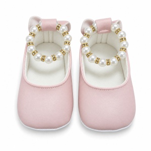 Balerini bebe fetite roz cu perle decorative si talpa moale - Img 3