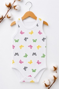 Body bebe fara maneci alb din bumbac reiat cu imprimeu fluturi colorati - Img 2