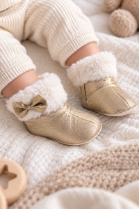 Cizmulite bebe aurii cu fundita, blanita decorativa si talpa moale pentru bebelusi