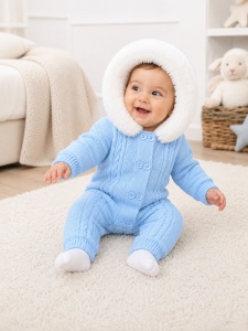 Combinezon bebe baiat bleu tricotat, imblanit integral, cu gluga si blanita premium - Img 2