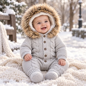 Combinezon bebe din lana naturala complet imblanit cu gluga si blanita