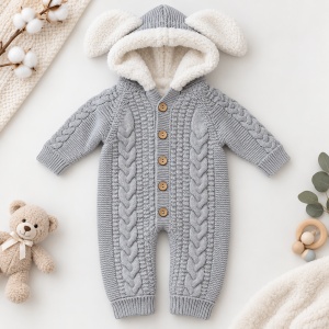 Combinezon bebe gri tricotat premium cu interior imblanit, gluga cu urechiuse si model impletit, detaliu material si finisaje