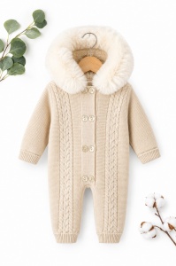 Combinezon bebe iarna cu gluga si blanita tricotat gros crem unisex - Img 2