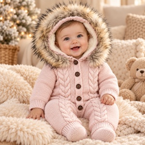 Combinezon bebe premium din lana naturala cu blanita naturala si gluga