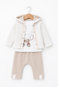 Compleu 3 piese bebelusi crem cu hanorac, bluza elefant si pantaloni - Img 3
