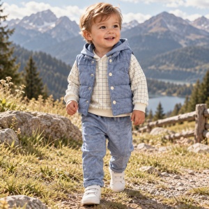 Compleu baiat 3 piese din bumbac cu vesta matlasata hanorac cu gluga si pantaloni