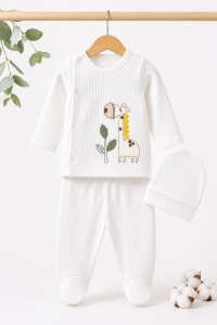 Compleu bebe alb cu caciulita si broderie girafa din bumbac ribat premium - Img 2