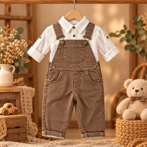 Compleu bebe baiat 2 piese din bumbac cu salopeta maro si camasa crem - Img 4
