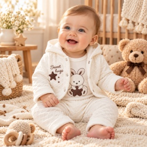 Compleu bebe baiat 3 piese, bumbac, body cu iepuras, pantaloni si jacheta cu gluga, alb