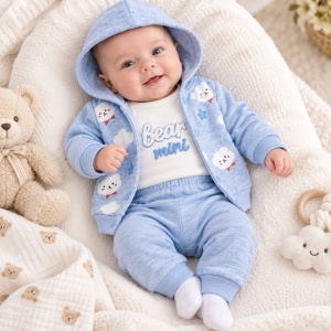 Compleu bebe baiat 3 piese bumbac cu hanorac body si pantaloni bleu