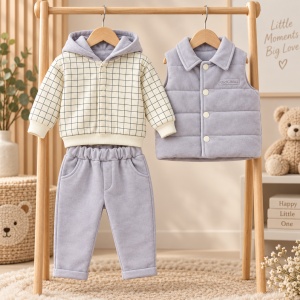 Compleu bebe baiat 3 piese bumbac cu hanorac vesta catifelata si pantaloni gri - Img 3