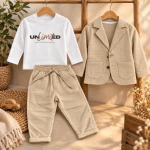 Compleu bebe baiat 3 piese din bumbac cu sacou si pantaloni bej - Img 2