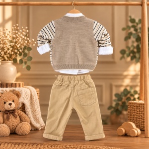 Compleu bebe baiat 4 piese, camasa, cardigan tricotat, pantaloni si papion, bej - Img 4
