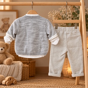 Compleu bebe baiat 4 piese, camasa, cardigan tricotat, pantaloni si papion, gri - Img 4