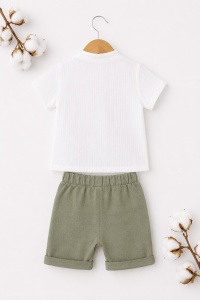 Compleu bebe baieti 3 piese cu camasa din muselina pantaloni verde salvie si tricou - Img 3