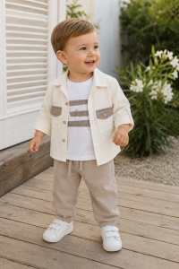 Compleu bebe baieti 3 piese din bumbac cu pantaloni bej si camasa eleganta