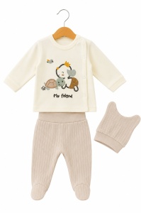 Compleu bebe crem din bumbac cu caciulita si imprimeu my friend pentru baieti - Img 2