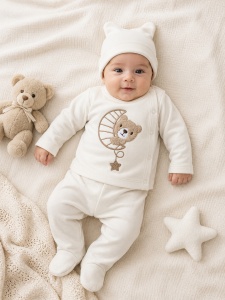 Compleu bebe crem din bumbac cu caciulita si imprimeu ursulet pentru nou-nascuti
