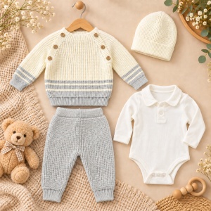 Compleu bebe din lana naturala cu pulover, pantaloni, body si caciulita, 4 piese crem gri - Img 2