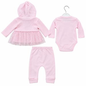 Compleu bebe fetita 3 piese, 100% bumbac, body cu balerina, pantaloni si jacheta cu gluga si tull, roz - Img 6