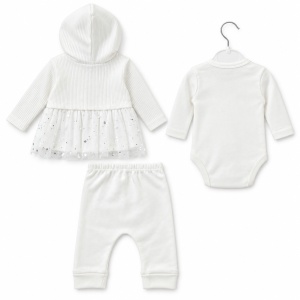 Compleu bebe fetita 3 piese, 100% bumbac, body cu balerina, pantaloni si jacheta cu gluga si tull, alb - Img 4