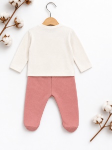 Compleu bebe fetita 3 piese din bumbac, bluza cu flori, pantaloni cu botosei si caciulita - Img 3