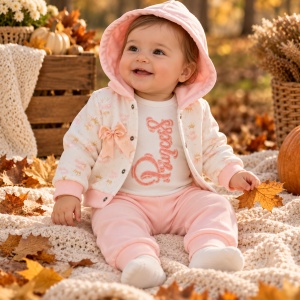Compleu bebe fetita 3 piese din bumbac cu hanorac, body si pantaloni roz piersica