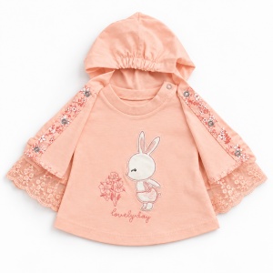Compleu bebe fetita 3 piese din bumbac cu hanorac floral bluza iepuras si pantaloni, fotografie de produs pe fundal alb