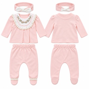 Compleu bebe fetita 3 piese roz piersica cu bluza brodata pantaloni cu botosei si bentita - Img 3