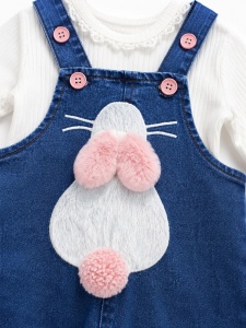 Compleu bebe fetita cu salopeta denim si bluza alba model iepuras - Img 4
