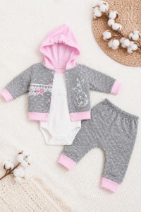 Compleu bebe fetite 3 piese cu hanorac roz gri body si pantaloni din bumbac - Img 4