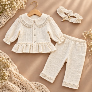 Compleu bebe fetite 3 piese din muselina, bluza cu dantela, pantaloni si bentita, crem - Img 2