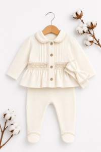 Compleu elegant bebe fetita crem cu dantela si bentita 3 piese - Img 2