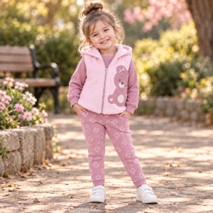 Compleu fetita 3 piese bumbac roz cu pantaloni tip colanti si vesta cu ursulet