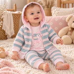 Compleu fetita 3 piese din bumbac cu bluza jacheta cu gluga si pantaloni roz gri