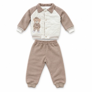 Costum bebe 3 piese bej din bumbac cu geaca matlasata pentru toamna si iarna, fotografie de produs pe fundal alb