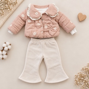 Costum bebe 3 piese roz pudra cu geaca imblanita, bluza si pantaloni evazati, prezentare in decor