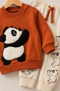 Costum bebe baiat 2 piese caramiziu crem cu panda aplicat si pantaloni imprimeu ursuleti - Img 4