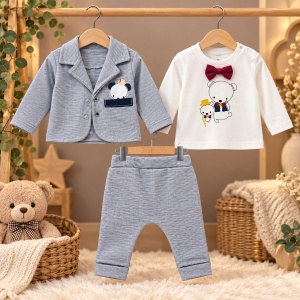 Costum bebe baiat 3 piese din bumbac, sacou, bluza cu maneca lunga si pantaloni, gri - Img 2