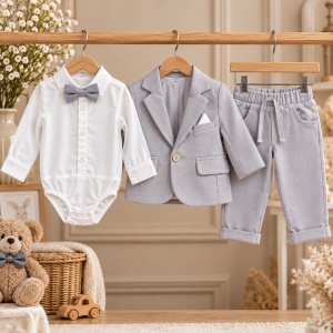 Costum bebe baiat gri perlat 3 piese cu sacou body camasa si pantaloni elegant, prezentare in decor