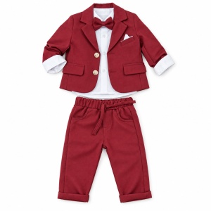 Costum bebe baiat rosu bordo 3 piese cu sacou camasa si pantaloni elegant, fotografie de produs pe fundal alb