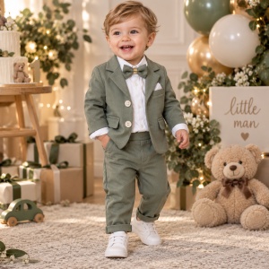 Costum bebe baiat verde kaki 3 piese cu sacou camasa si pantaloni elegant