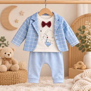 Costum bebe elegant din bumbac 3 piese cu sacou bleu in carouri, papion si pantaloni - Img 2