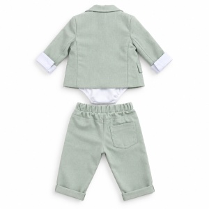 Costum ceremonie bebe baiat 3 piese verde salvie sacou body si papion, fotografie de produs pe fundal alb
