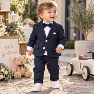 Costum elegant bebe baiat 3 piese bleumarin cu sacou camasa si pantaloni