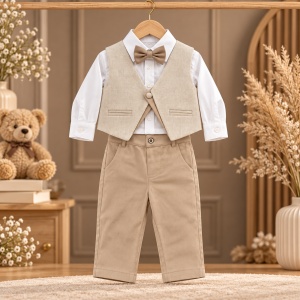 Costum elegant bebe baiat 4 piese, camasa, vesta, pantaloni si papion, bumbac, bej - Img 2