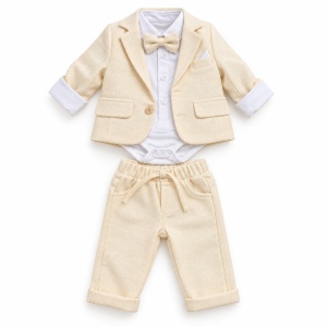 Costum elegant bebe baieti 3 piese ivoire cu sacou, pantaloni si body cu papion, fotografie de produs pe fundal alb