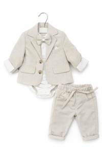 Costum elegant bebe crem 4 piese sacou body pantaloni papion botez - Img 2