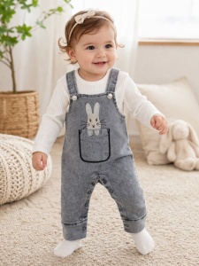 Costumas bebe 2 piese salopeta denim gri cu iepuras si bluza bumbac
