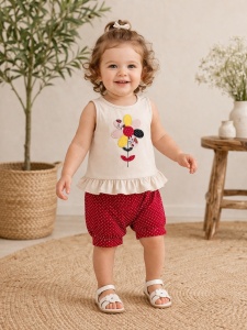 Costumas bebe fetita 2 piese bumbac top cu floare si pantaloni scurti rosii